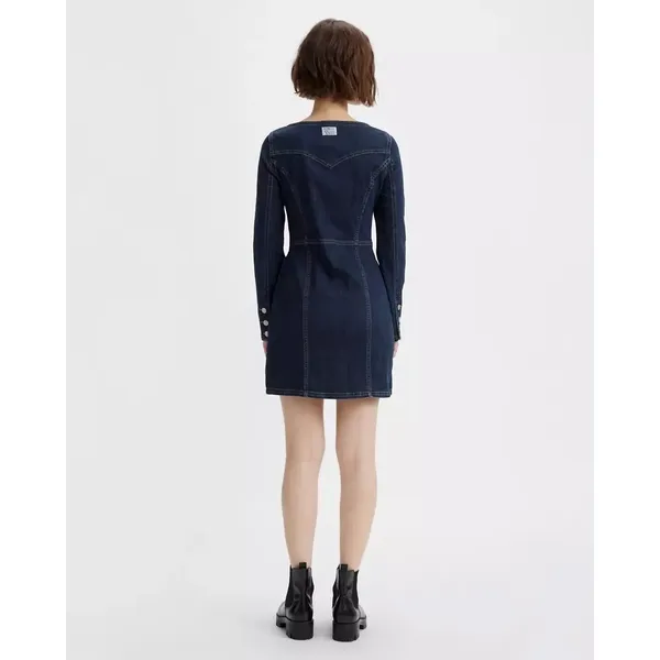 Levis Veda Denim Mini Dress Dark Wash Scoop‎ Neck Button Front Long Sleeve M - Image 9