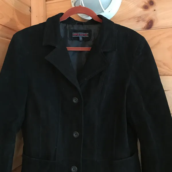 BLACK SEUDE LEATHER BUTTON UP BLAZER STYLE JACKET Size L - Image 2
