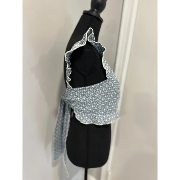 Kirious Los Angeles Eyelet Ruffle Strap Crop Top Women Medium Blue White Cotton - Image 7