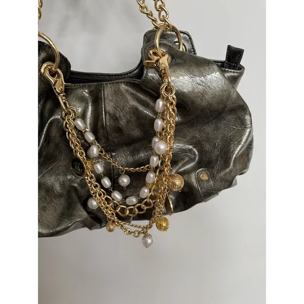 Women's Y2K Slouchy Hobo Patent Leather & Gold Chunky‎ Charm Green Purse Handbag - Image 2