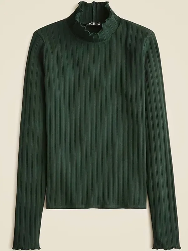 J. CREW Dark Forest Pointelle knit lettuce trim turtleneck top Size S CF645 - Image 3