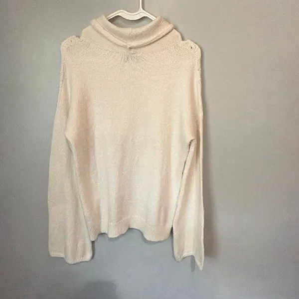 Lucky Brand Pointelle Turtleneck Cable Knit Bell Sleeve Sweater Ivory XS #1300 - Image 9