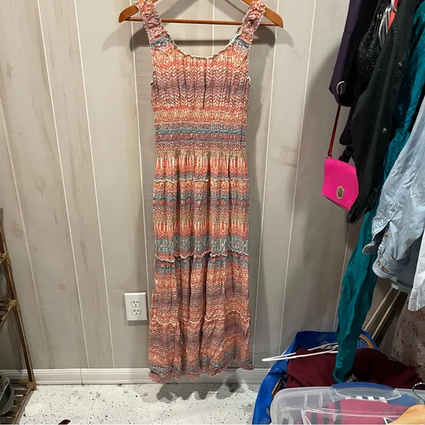 Source Unknown Cute stretchy tiered shell button front maxi dress aztec boho breezy smocked - Image 12