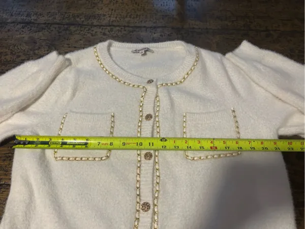 Nanette Lepore Cream Fuzzy Cardigan Sweater Gold Chain Trim‎ Tweed Vibez XL⁠ - Image 8