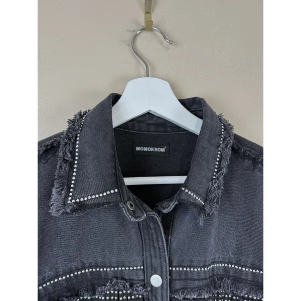 Denim Jacket Black Fringed Western Women’s Size S Embellished Festival Coachella - Image 4