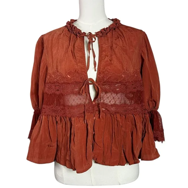 Free People Dainty Ethereal Cottage Forever Young Lace Ruffle Bed Jacket Large - Image 4