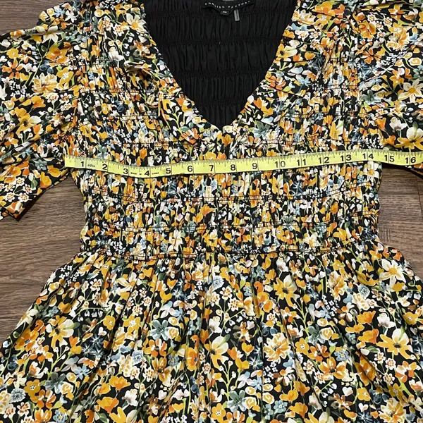 NWT Plunge Smocked Cotton Floral Mini Dress Yellow Black Blue XS - Image 10