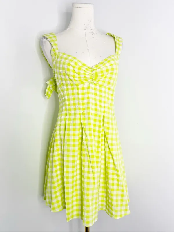 For Love & Lemons August Mini Dress Medium Lime Green White Gingham - Image 6