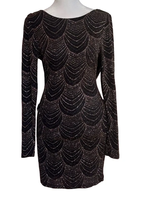 Privy Black Glitter Open Back Bodycon Mini Dress Long Sleeve Party Cocktail M - Image 3