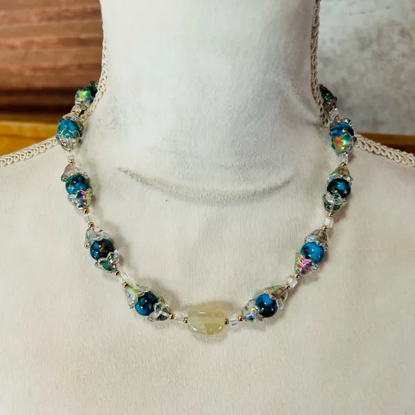 Handmade Handcrafted blue tone art glass bead faceted crystal agate necklace - Image 2