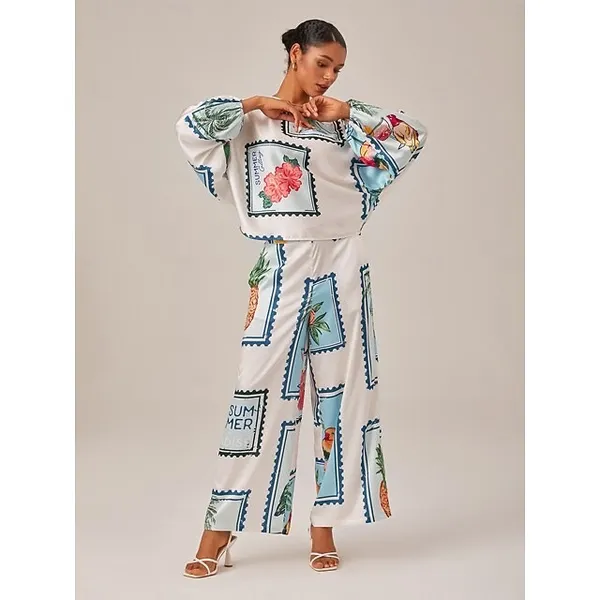 Ador‎ Seamless Tropical Stamp Print Wide Leg Elastic Waist Trousers Large NWT - Image 3