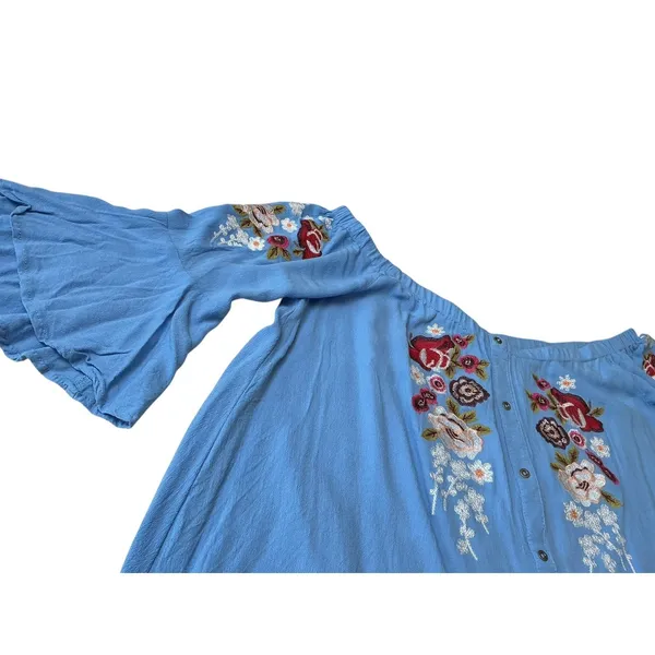 Umgee Blue Floral Embroidered‎ Off The Shoulder Bell Sleeve Blouse XL WG0914 - Image 3