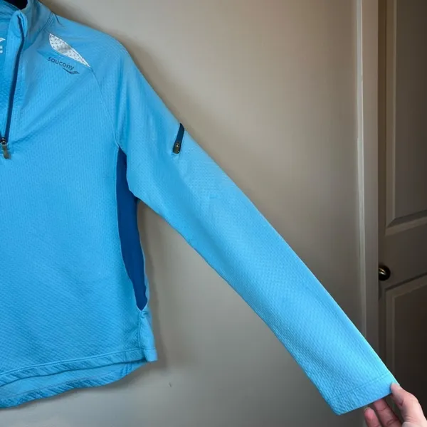 Saucony Athletic 1/4 Zip Pullover Shirt Blue Running Reflective Zip Pocket Small - Image 6