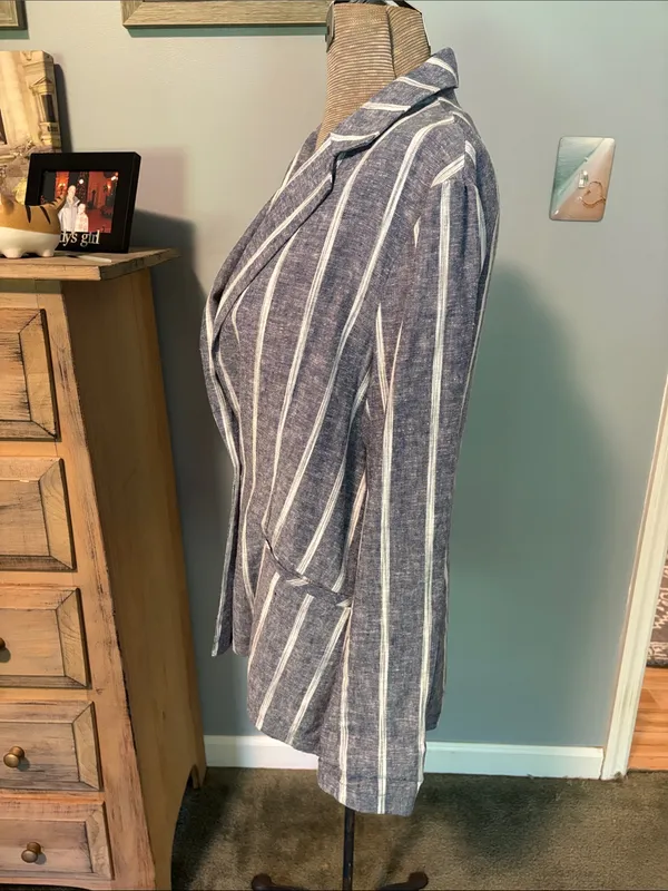 DREW Blue and White Striped Linen Single Breasted Jacket - Image 3