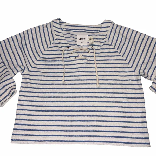 NEW With Tag Aerie Blue & White Stripe Terry Cloth Lace Up Pullover Sweatshirt - Image 3