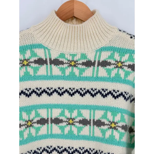American Eagle Fair Isle Snowflake Sweater Womens‎ Small Teal Cream Knit Boho - Image 5