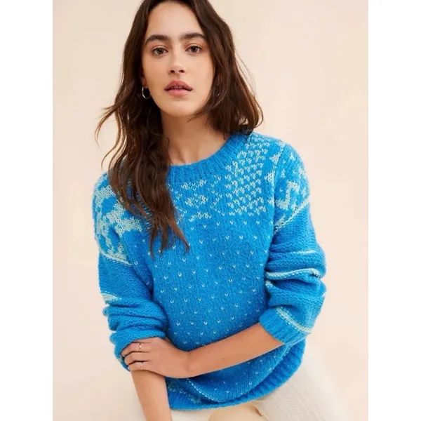 Free People Oversized Fair Isle Tunic Snow Day Pullover Wool Blend Sweater XL - Image 2