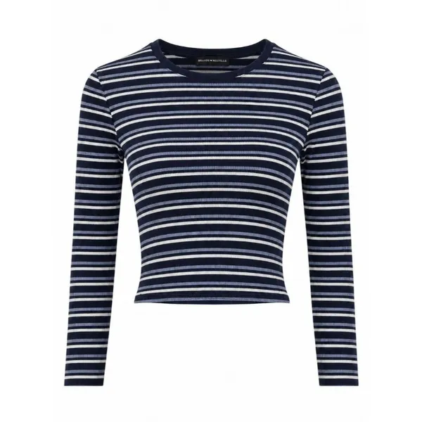 Brandy Melville Navy Striped Ribbed Crop Top Long Sleeve OS - Image 2