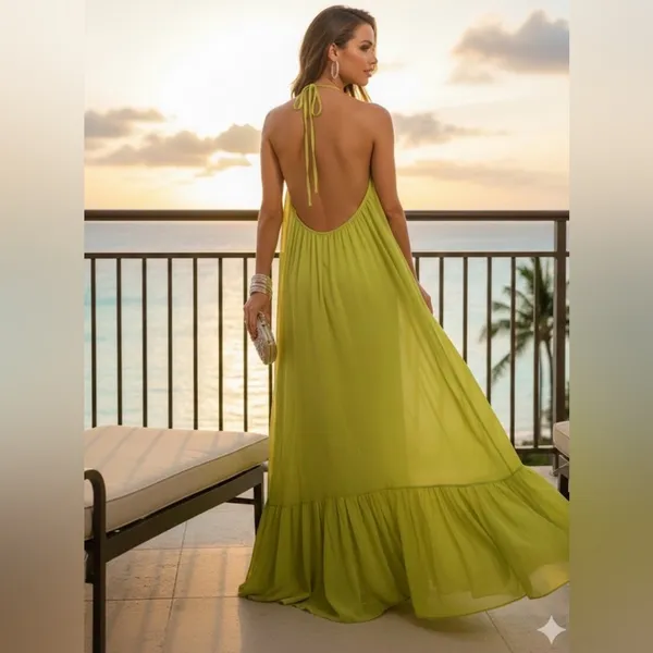 Love & Lemonade Lime Green Halter Maxi Dress Large - Image 2