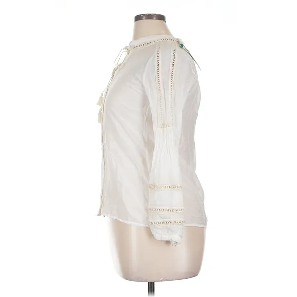 Jade by Johnny Was XL White Boho Lace Tassel Tie Neck Button Front Blouse - Image 3