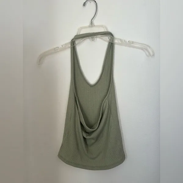 American Eagle Ribbed Halter Top Open Back V Neck Size XS Green - Image 5