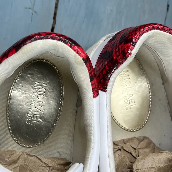 Michael Kors Poppy White Red Snakeskin Logo Platform Sneakers AN20L Womens 7.5M - Image 11
