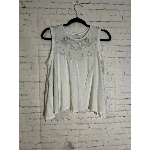 Free People Meant To Me Ivory Linen Blend‎ Lace Mesh Yoke Sleeveless Tank Top M - Image 3