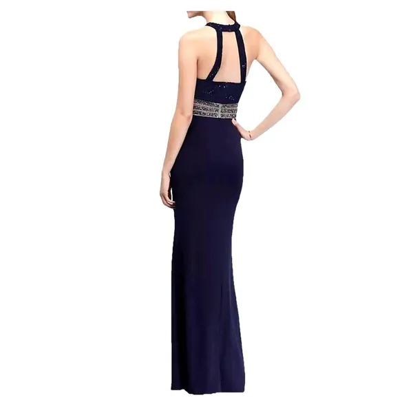 Speechless Navy Lace Halter Formal Gown Beaded Waist Slit Prom Dress 5 S - Image 3