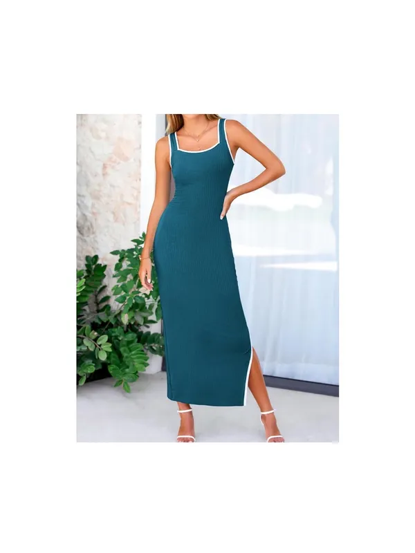 Sleeveless Teal Bodycon Maxi Dress with Side Slit - Image 2
