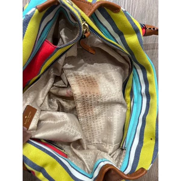 Kate Spade New York Striped Canvas‎ Satchel Bag Blue Yellow Red Tan Leather Trim - Image 6