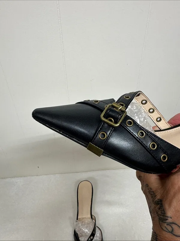POINTIGO Black Pointed Mule Heels with Buckle Strap Detail - Image 4