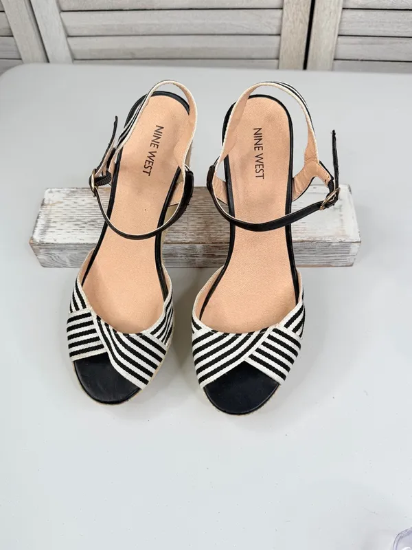 NINE WEST Women's "BREEZE0L1" Striped Espadrille Wedge Sandal Black/White-9.5M - Image 5