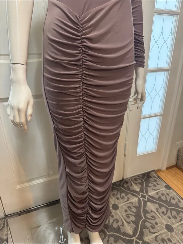 Club L London Brown Ruched Twist Bardot Maternity Midi Dress One-Shoulder Size 8 - Image 6