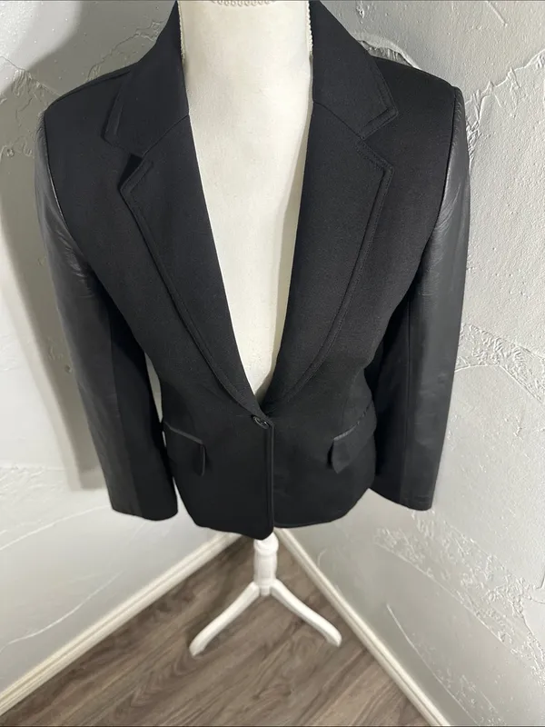 Neiman Marcus Black Leather-Trim Blazer - Image 7