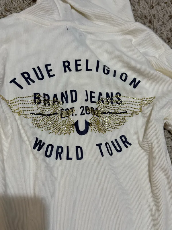 Y2K True Religion Cream Ribbed Rhinestones Wings Long Sleeve Hooded Henley Top - Image 4