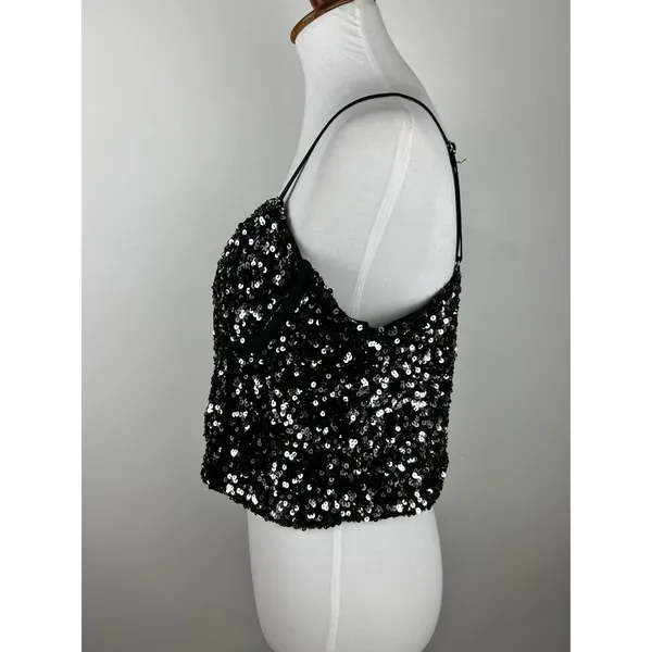 Sequin Corset Bustier Top Underwire Adjustable Straps Black Silver M Size M - Image 11