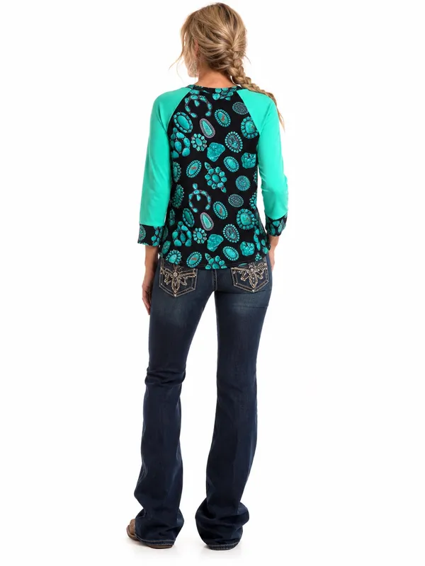 Crazy Train Turquoise Jewelry Print Western Boutique Raglan Top Medium M Cowgirl - Image 6