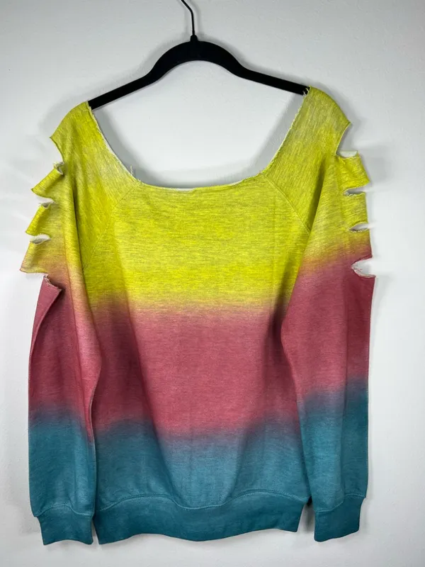 Ombre Cutout Sweatshirt Yellow Pink Blue Wide Neck Slouchy 80s Streetwear Large - Image 9