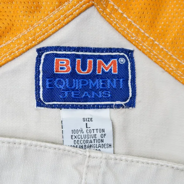 Vintage 90s Bum Equipment Jeans Khaki & Orange Denim Overall Shorts - Image 12