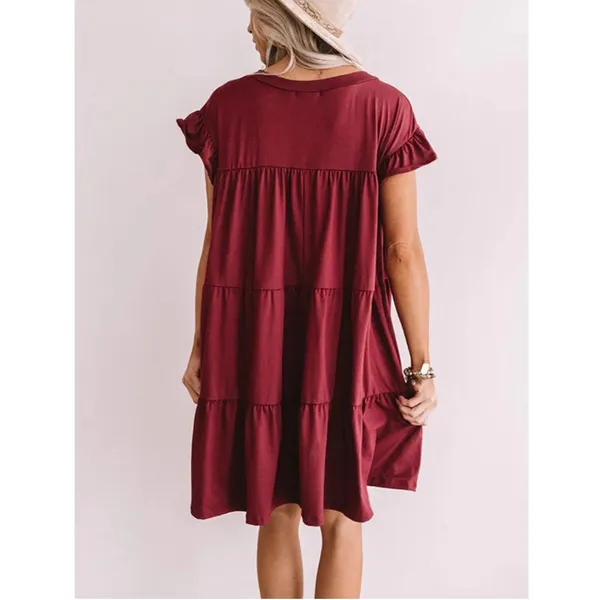 Entro Women’s‎ Tiered Merlot Babydoll Ruffle Short Sleeve Mini Dress Size Small - Image 4