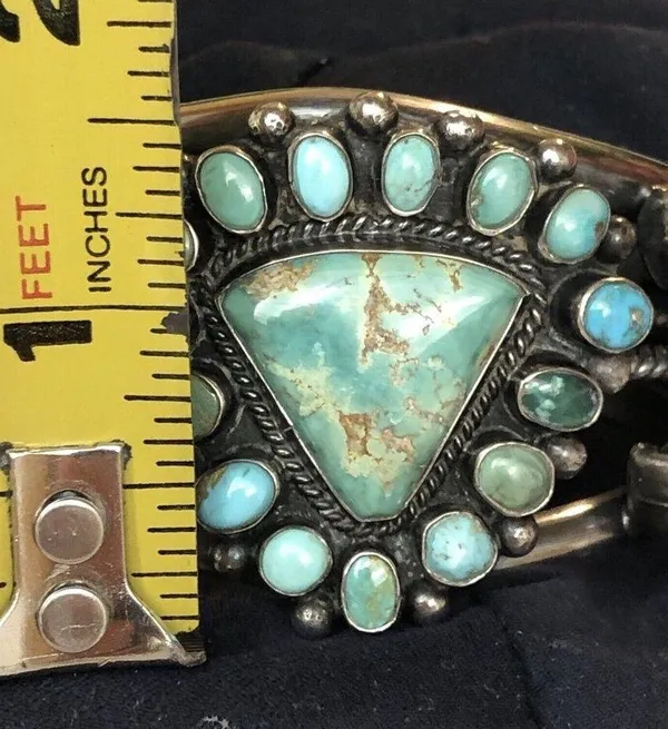 Navajo Indian 70 grams Sterling Silver Turquoise Cluster Bracelet Signed - Image 13