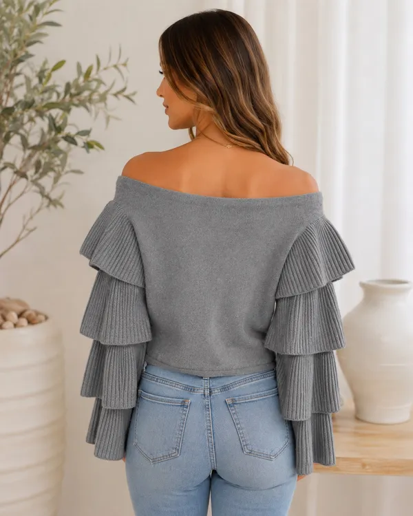 Endless Rose Off-the-Shoulder Tiered Ruffle Sleeve Sweater in Heather Grey 🩶 - Size S - Image 2