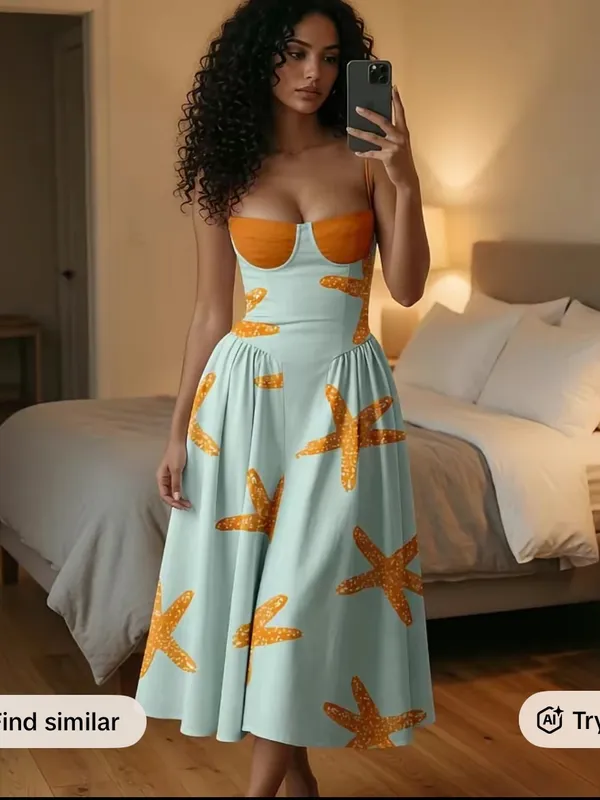 Women’s Starfish Print Sundress in Light/Pale Blue and Orange - Image 2