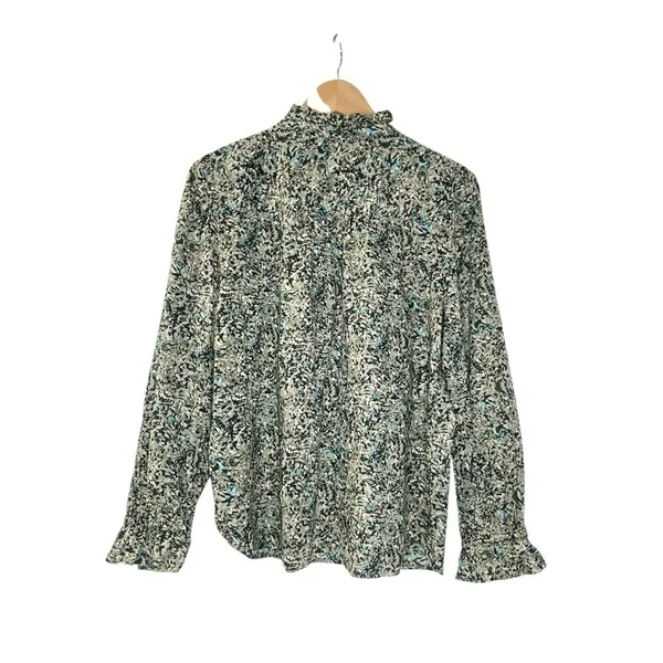 LOFT Pintucked Ruffle Mock Neck Floral Blouse Medium Black Green Cotton Boho Top - Image 4
