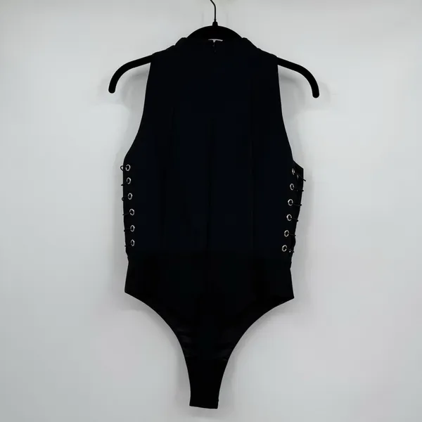 MISHA Collection Black Lace Up Corset Bodysuit Womens Medium High Neck Stretch - Image 2