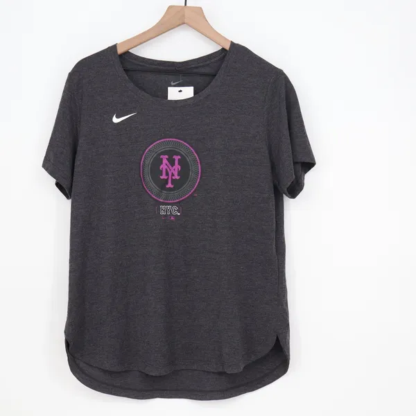 Nike Womens New York Mets MLB Graphic T-Shirt Charcoal Grey Pink Logo Large NEW - Image 2