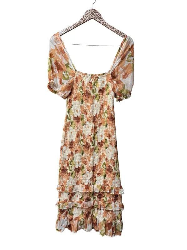 Abercrombie & Fitch Smocked Short Sleeve Floral Ruffle Midi Dress Orange Small - Image 3