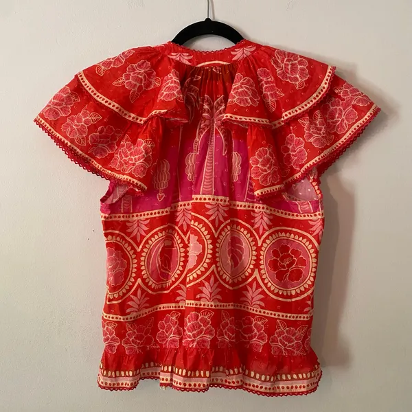 Farm Rio Red Pink Paisley Tropical Floral Blouse Beaded Tassel Boho Resort Small - Image 7