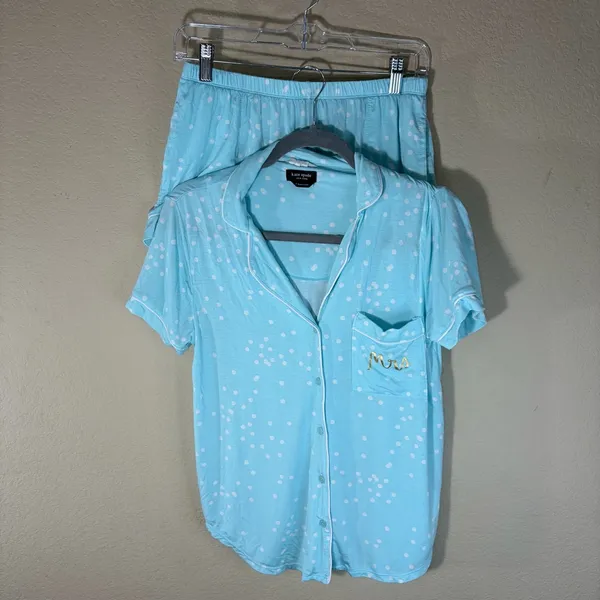 Kate Spade Womens MRS Bride Blue Polka Dot Pajamas Set Sz S Shirt &Short Comfy - Image 2