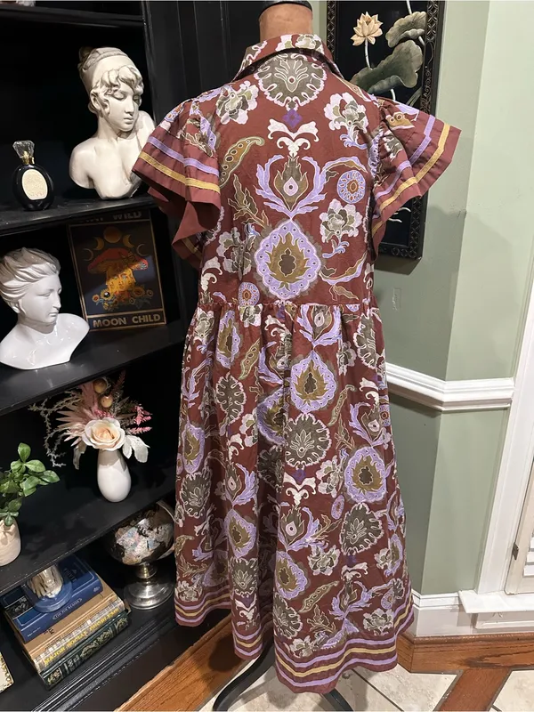 Entro Multi Mixed‑Print Button‑Front Midi Dress – Red Bean – Size M - Image 9